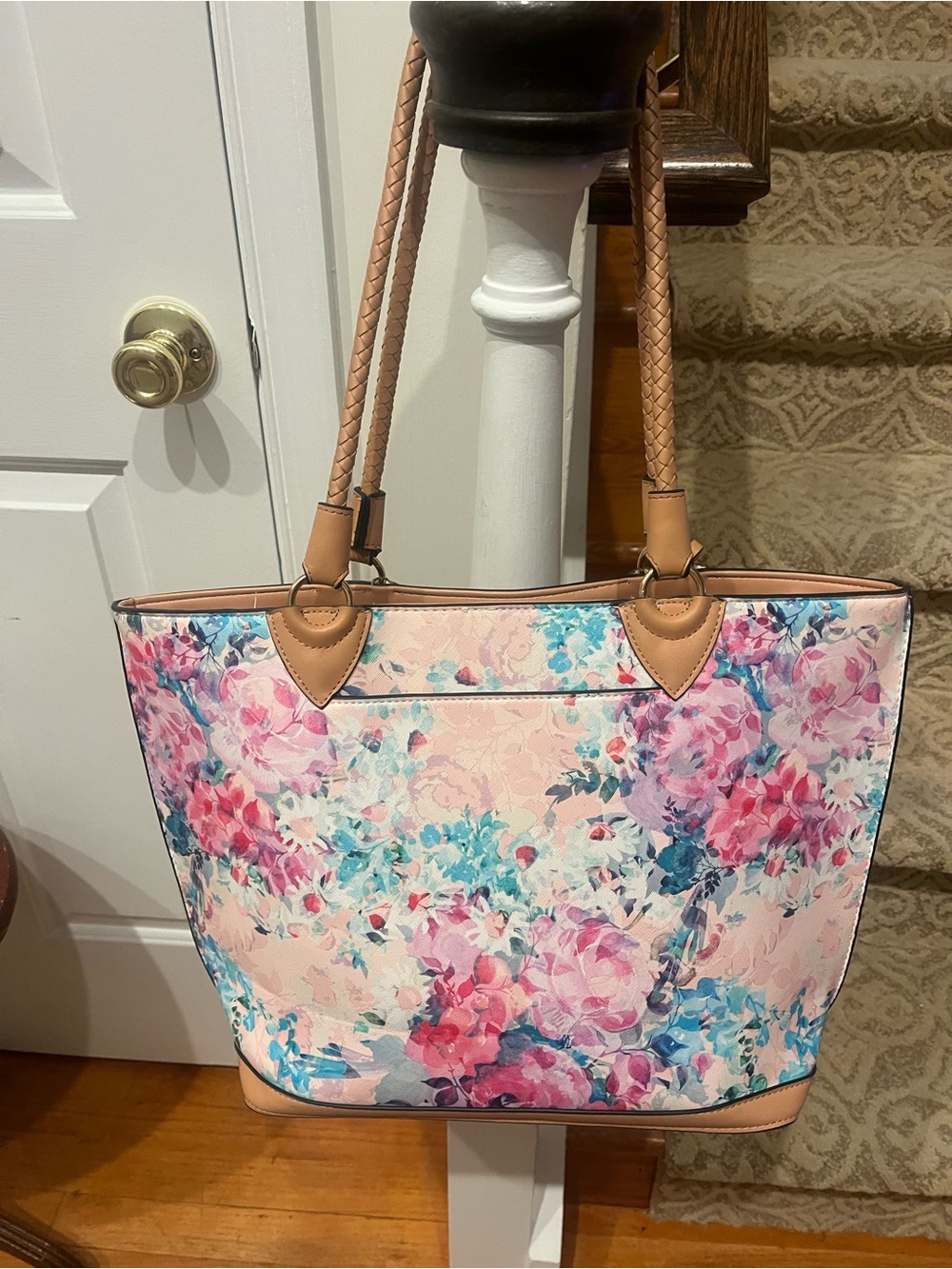 Nanette Lepore Pink Floral Tote with Tan Trim - Picture 2 of 13